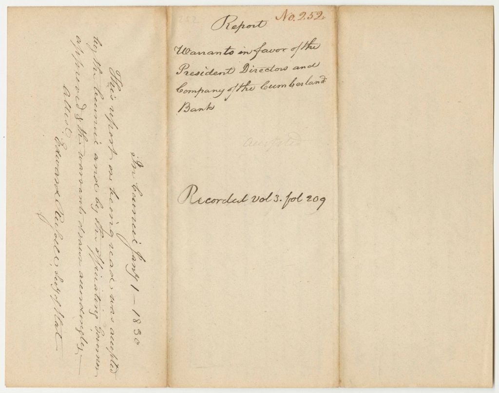 Miniature of Report 252: Report on the Warrant in Favor of the Cumberland Bank