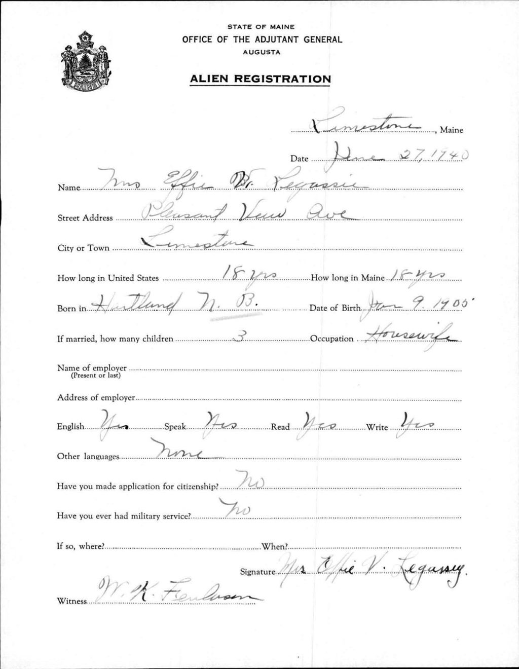 Miniature of Alien Registration- Legassie, Effie V. (Limestone, Aroostook County)