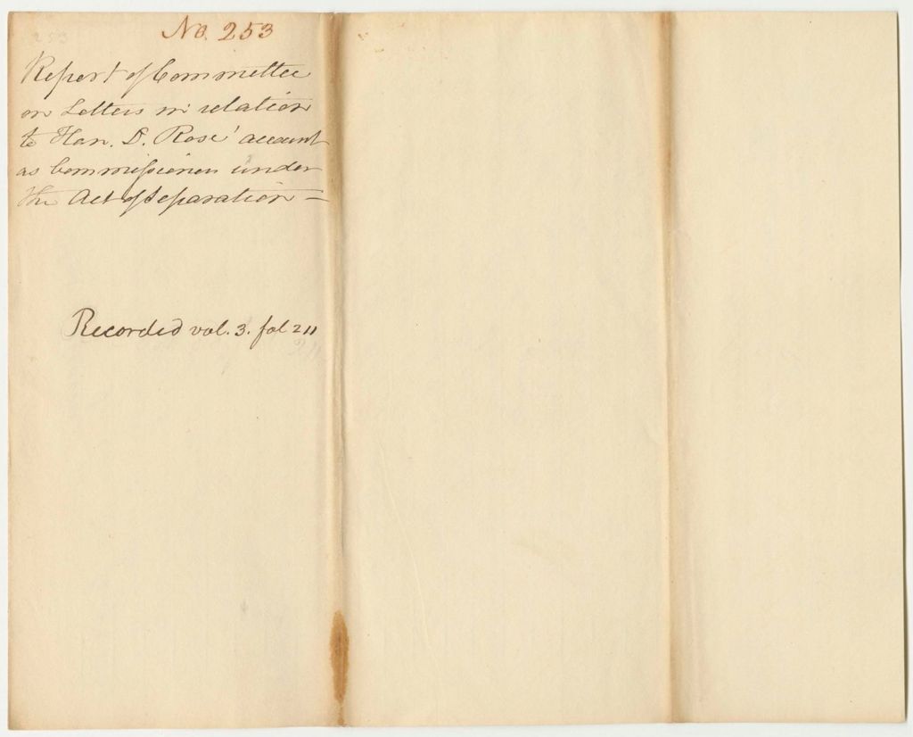Miniature of Report 253: Report on Letters in Relation to Hon. Daniel Rose's Account as Commissioner Under the Act of Separation