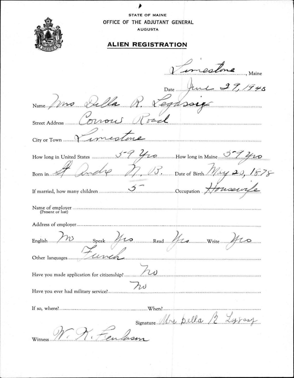 Miniature of Alien Registration- Legassy, Della R. (Limestone, Aroostook County)