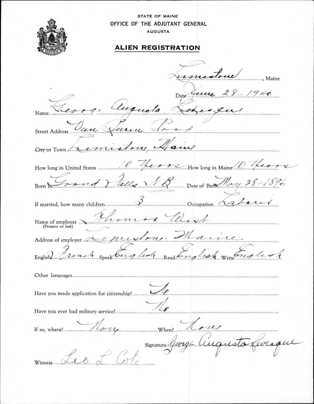 Miniature of Alien Registration- Levesque, George A. (Limestone, Aroostook County)