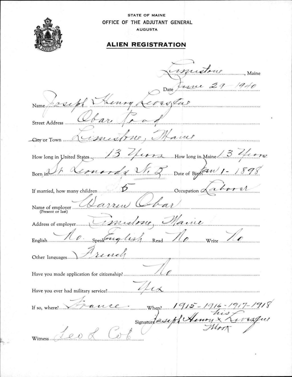 Miniature of Alien Registration- Levesque, Joseph H. (Limestone, Aroostook County)