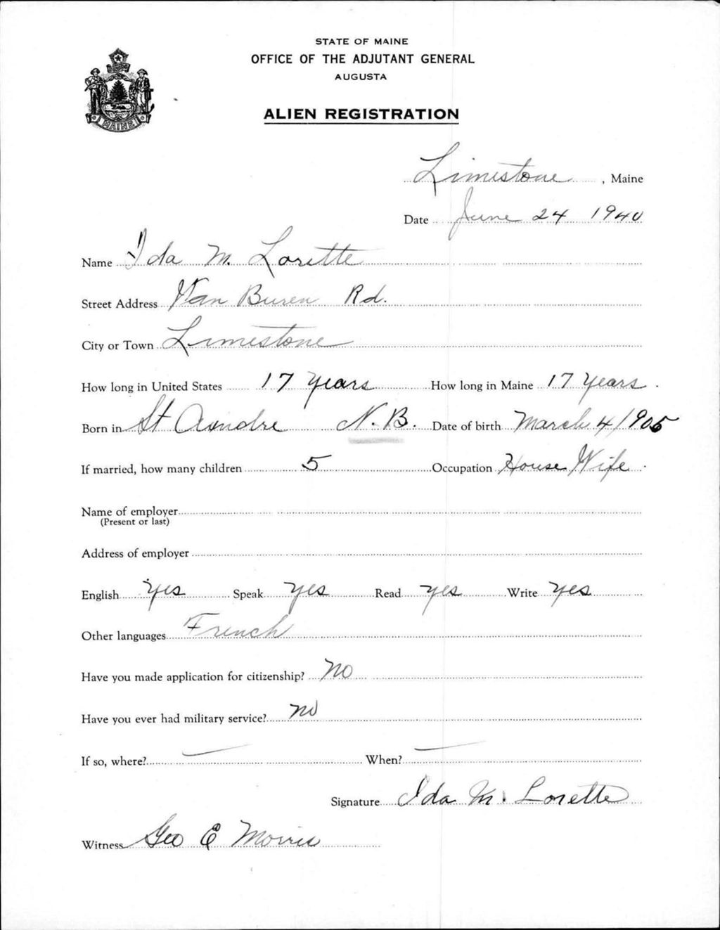 Miniature of Alien Registration- Lorette, Ida M. (Limestone, Aroostook County)