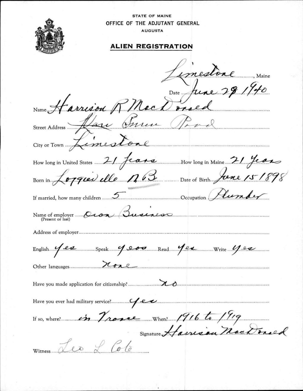 Miniature of Alien Registration- Macdonald, Harrison R. (Limestone, Aroostook County)