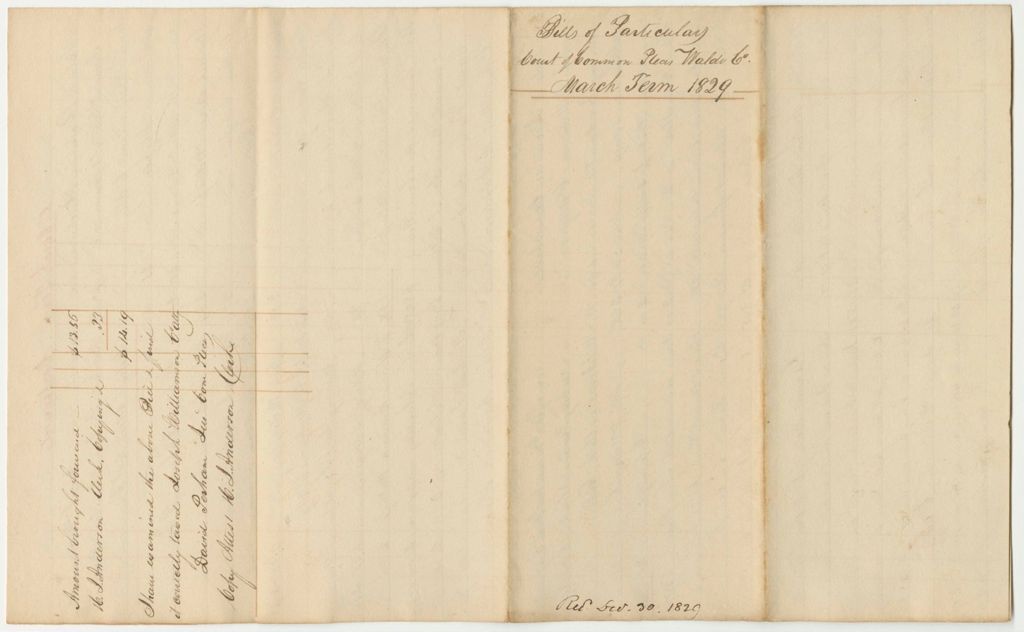 Miniature of Bills of Particulars, Court of Common Pleas in Waldo County, March Term 1829