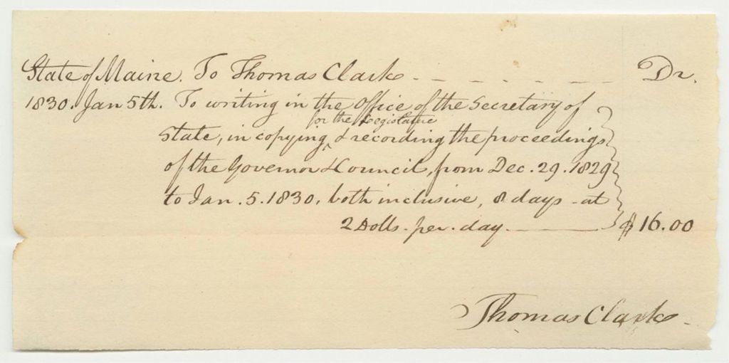 Miniature of Account of Thomas Clark, for Work as Clerk in the Secretaty of State's Office