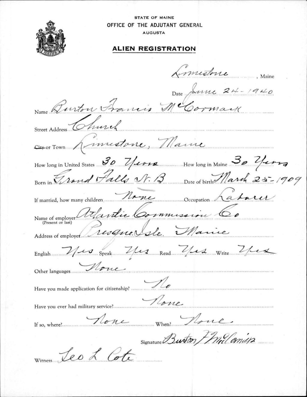 Miniature of Alien Registration- Mccormack, Burton F. (Limestone, Aroostook County)