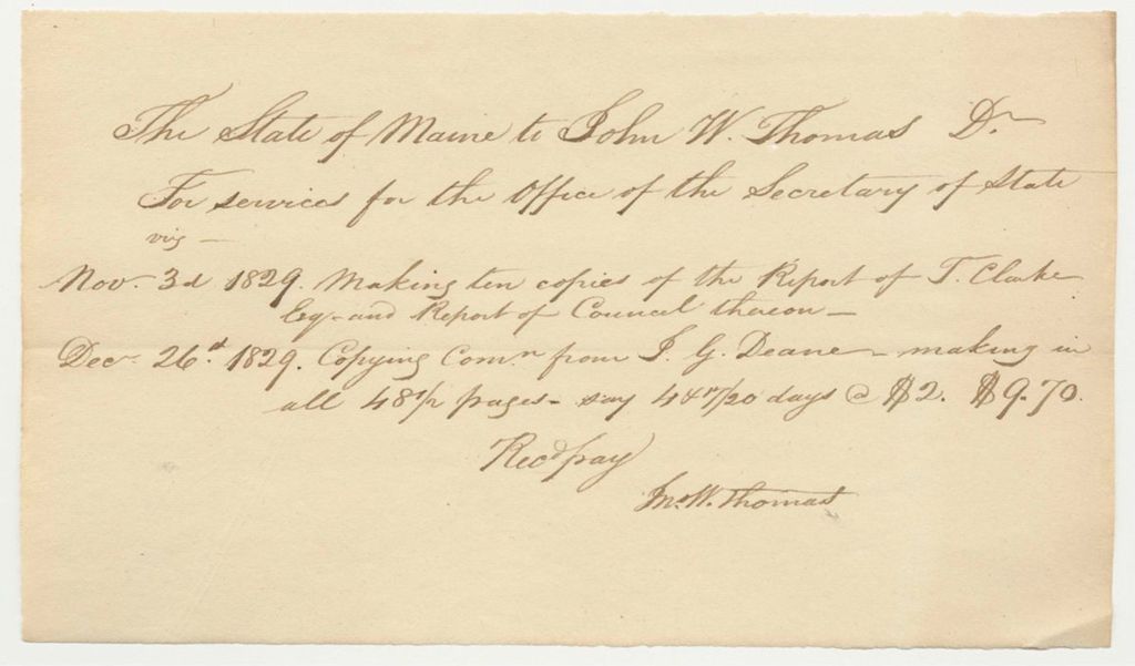 Miniature of Account of John W. Thomas, for Work as Clerk in the Secretaty of State's Office