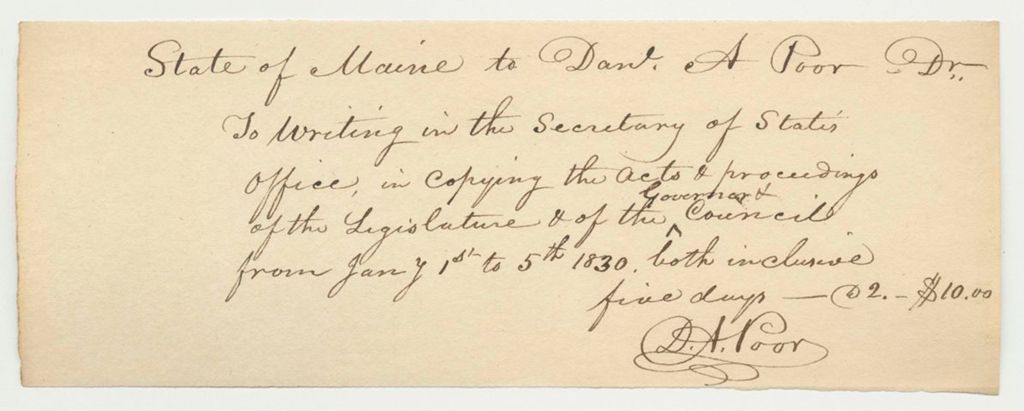 Miniature of Account of Daniel A. Poor, for Work as Clerk in the Secretaty of State's Office
