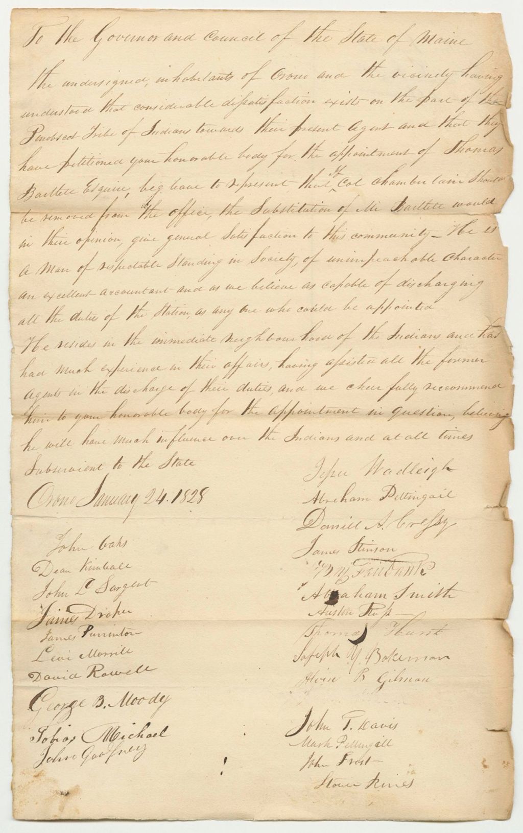 Miniature of Petition of the Inhabitants of Orono for the Appointment of Thomas Bartlet as Agent of the Penobscot Tribe of Indians