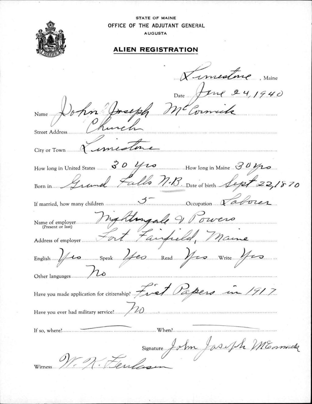 Miniature of Alien Registration- Mccormack, John J. (Limestone, Aroostook County)