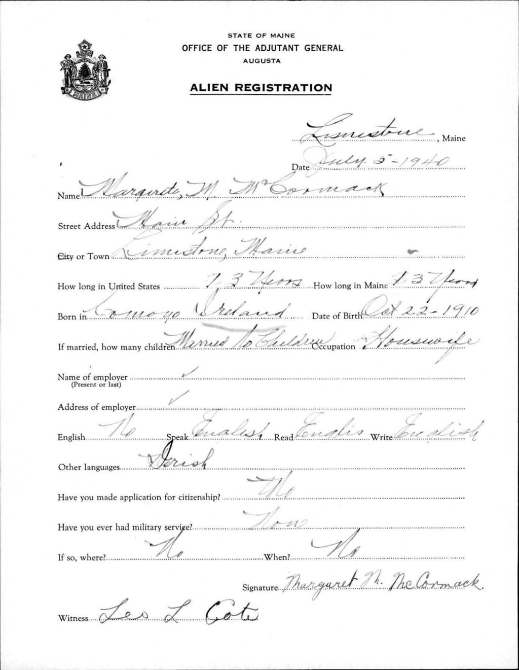 Miniature of Alien Registration- Mccormack, Marguerite M. (Limestone, Aroostook County)
