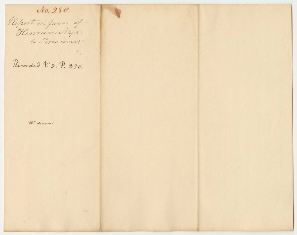 Miniature of Report 280: Report on the Warrant in Favor of Heman Nye for a Pension