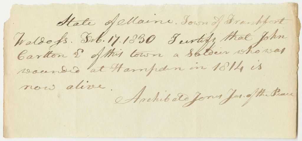 Miniature of Certificate of Archibald Jones, Justice of the Peace, for the Pension of John Carleton 2nd