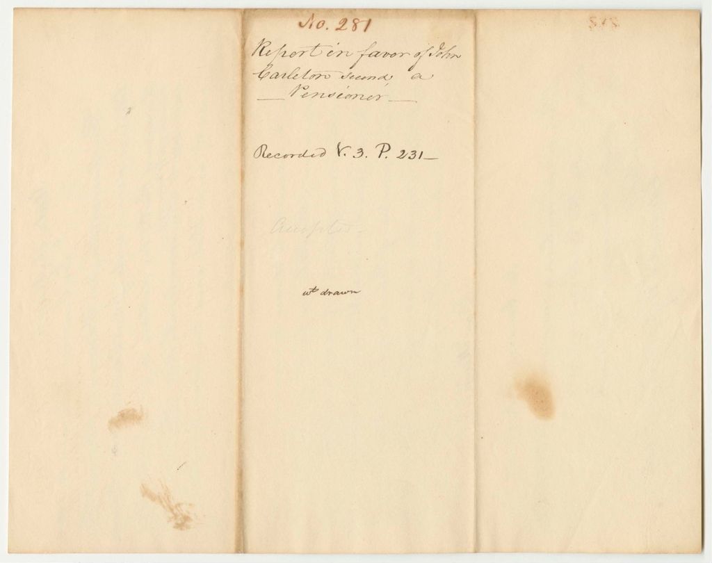 Miniature of Report 281: Report on the Warrant in Favor of John Carleton 2nd for a Pension