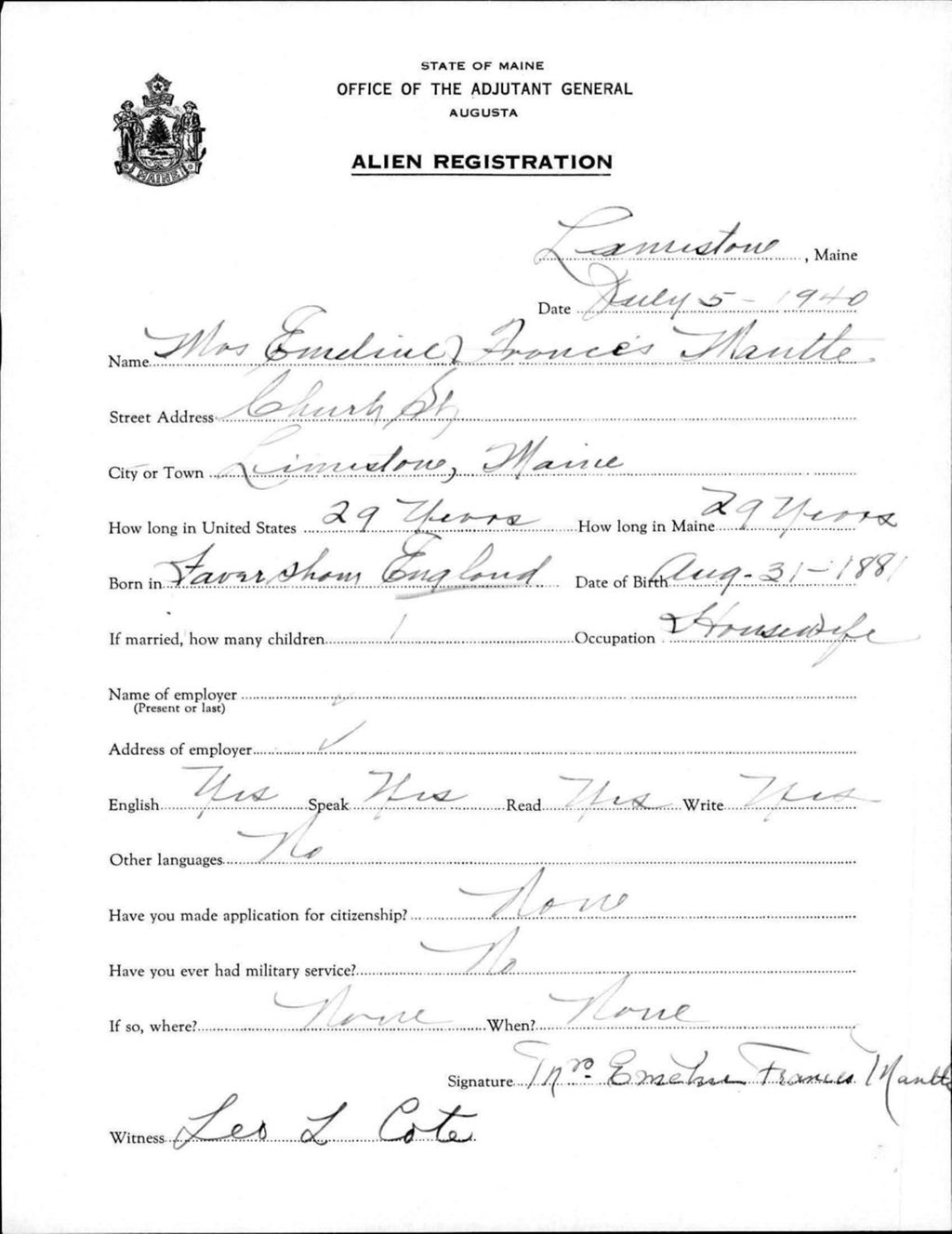 Miniature of Alien Registration- Mantle, Emeline F. (Limestone, Aroostook County)