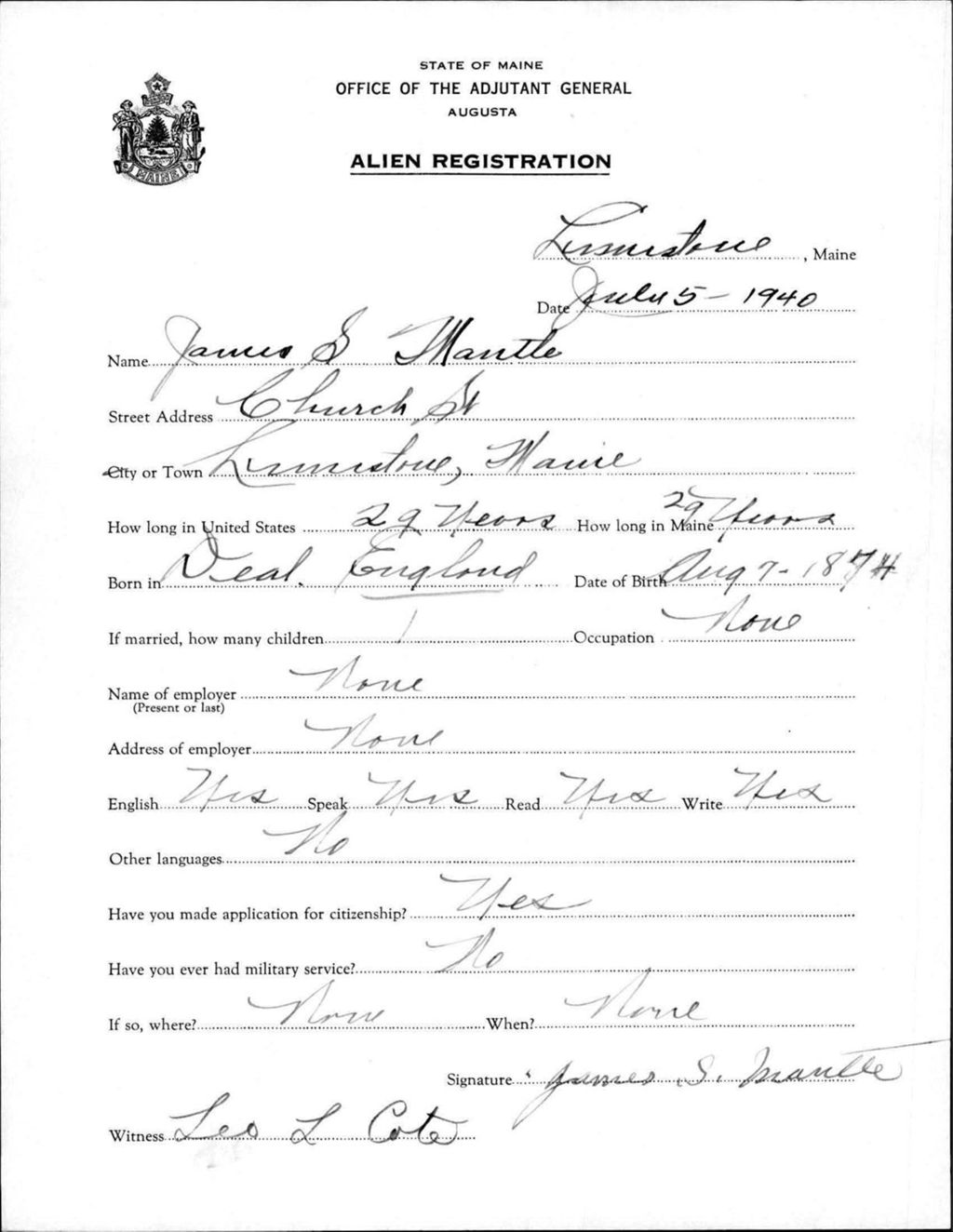 Miniature of Alien Registration- Mantle, James S. (Limestone, Aroostook County)