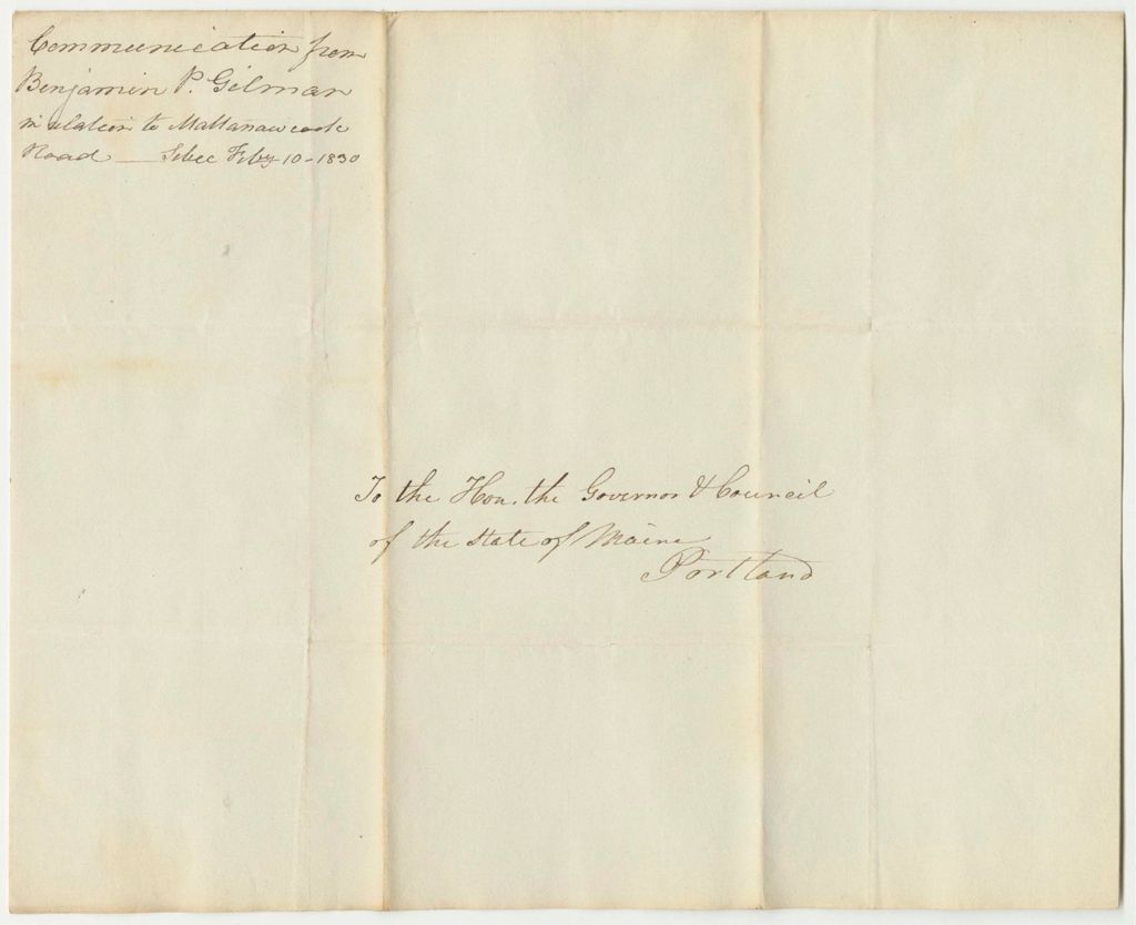 Miniature of Communication from Benjamin P. Gilman, in Relation to the Mattanawcook Road
