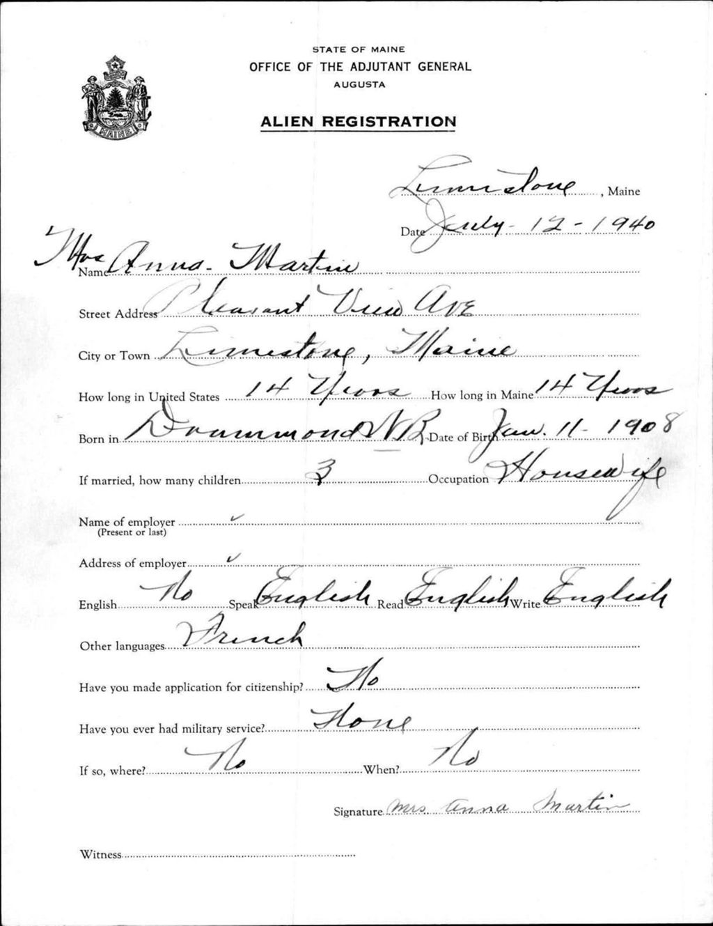 Miniature of Alien Registration- Martin, Anna (Limestone, Aroostook County)