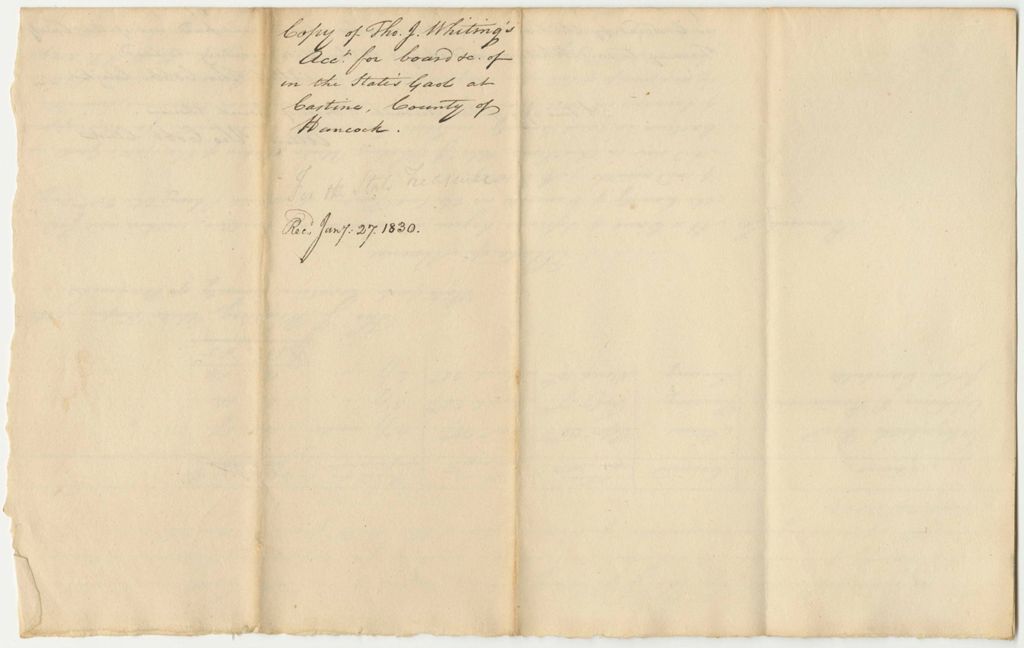 Miniature of Copy of Thomas J. Whiting's Account for Board of State Prisoners at Castine in Hancock County
