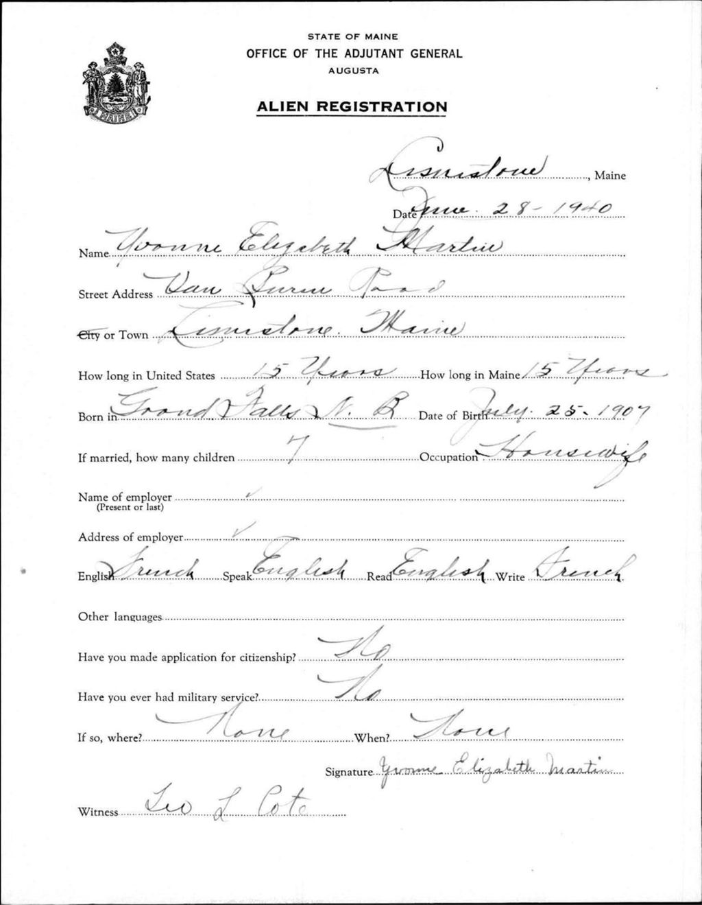 Miniature of Alien Registration- Martin, Yvonne E. (Limestone, Aroostook County)
