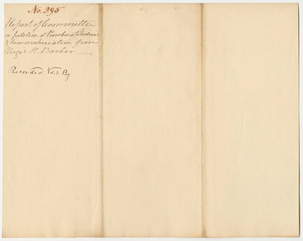Miniature of Report 295: Report on a Petition of the Penobscot Indians and a Communication from Rev. Virgil H. Barber for the Priest to be Paid Out of the State Treasury