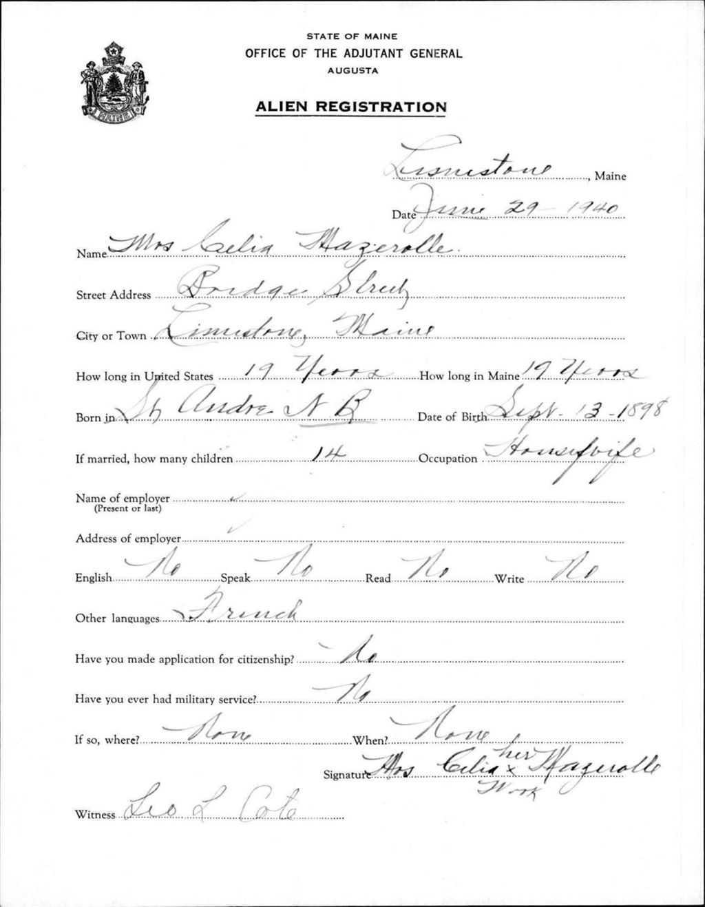 Miniature of Alien Registration- Mazerolle, Celia (Limestone, Aroostook County)