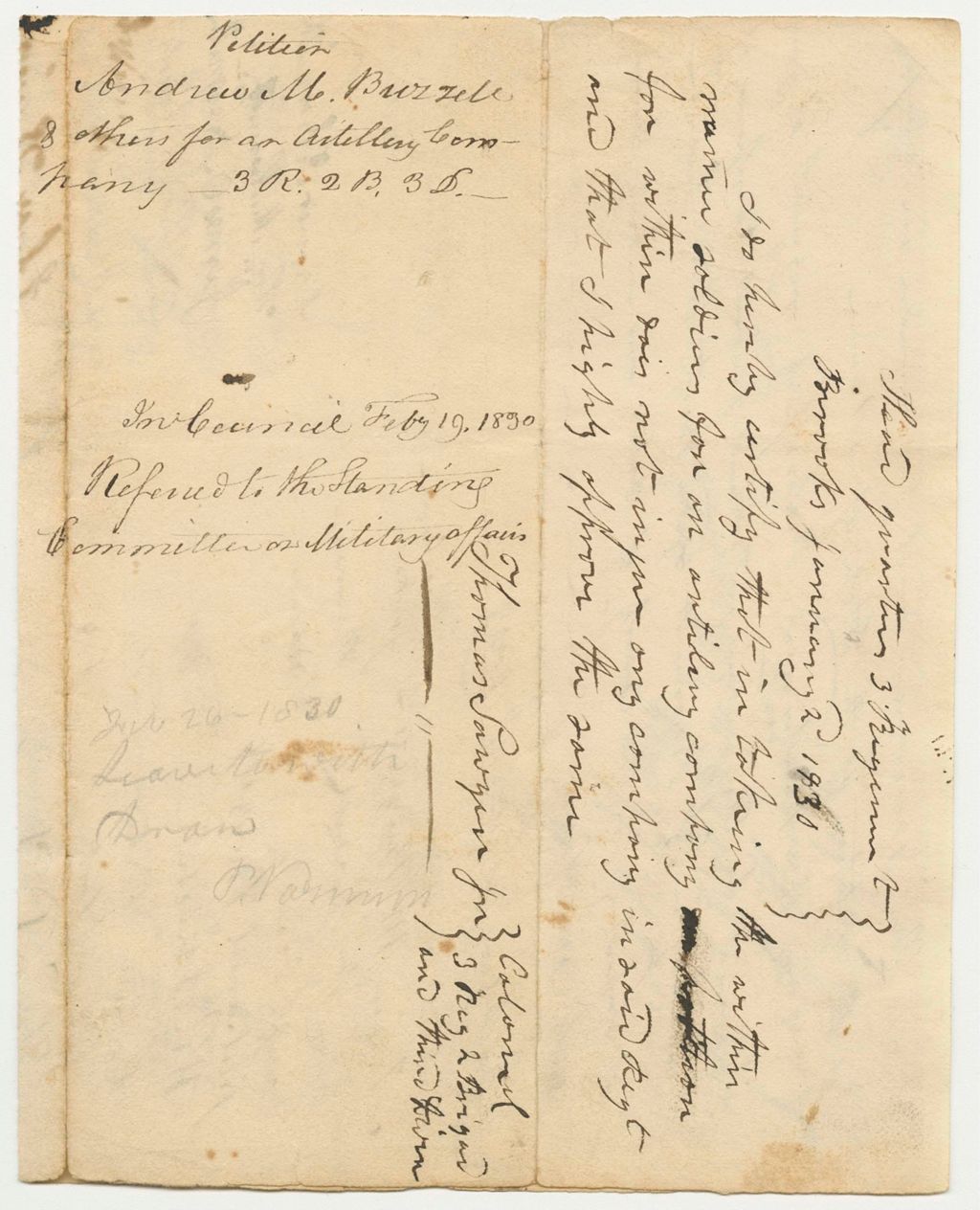 Miniature of Petition of Andrew M. Buzzell and Others for an Artillery Company in Hiram 3R.2B.3D.