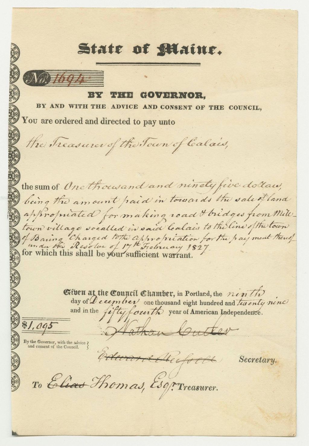 Miniature of Order to Pay the Treasurer of the Town of Calais for Constructing Roads and Bridges
