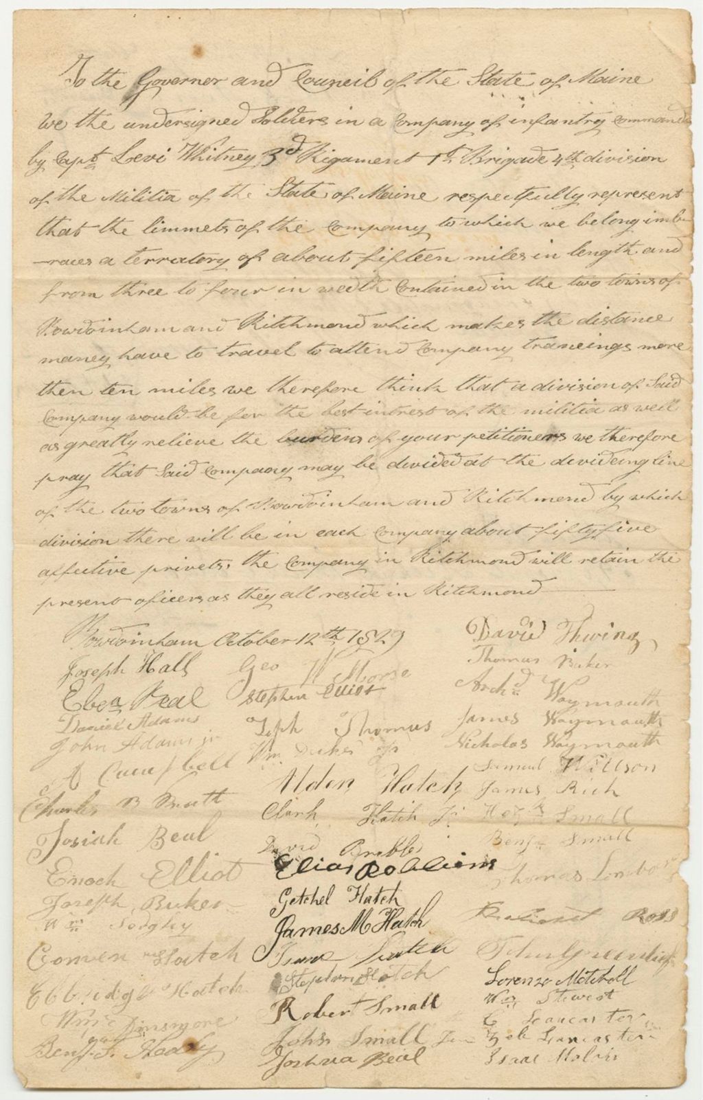 Miniature of Petition of David Thwing and Others for Dividing the Militia Company in Richmond and Bowdoinham