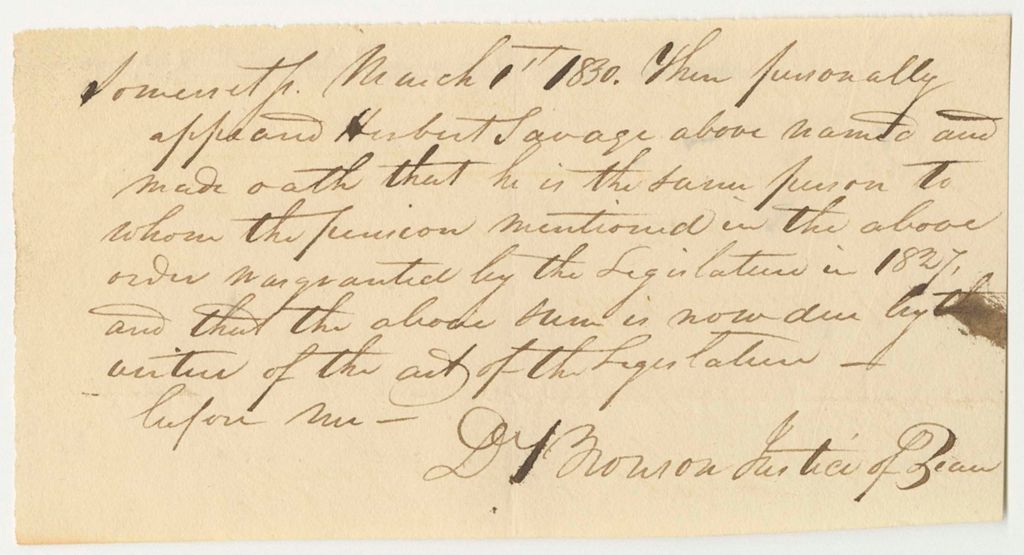 Miniature of Certificate of D. Browon, Justice of the Peace, for the Pension of Herbert Savage