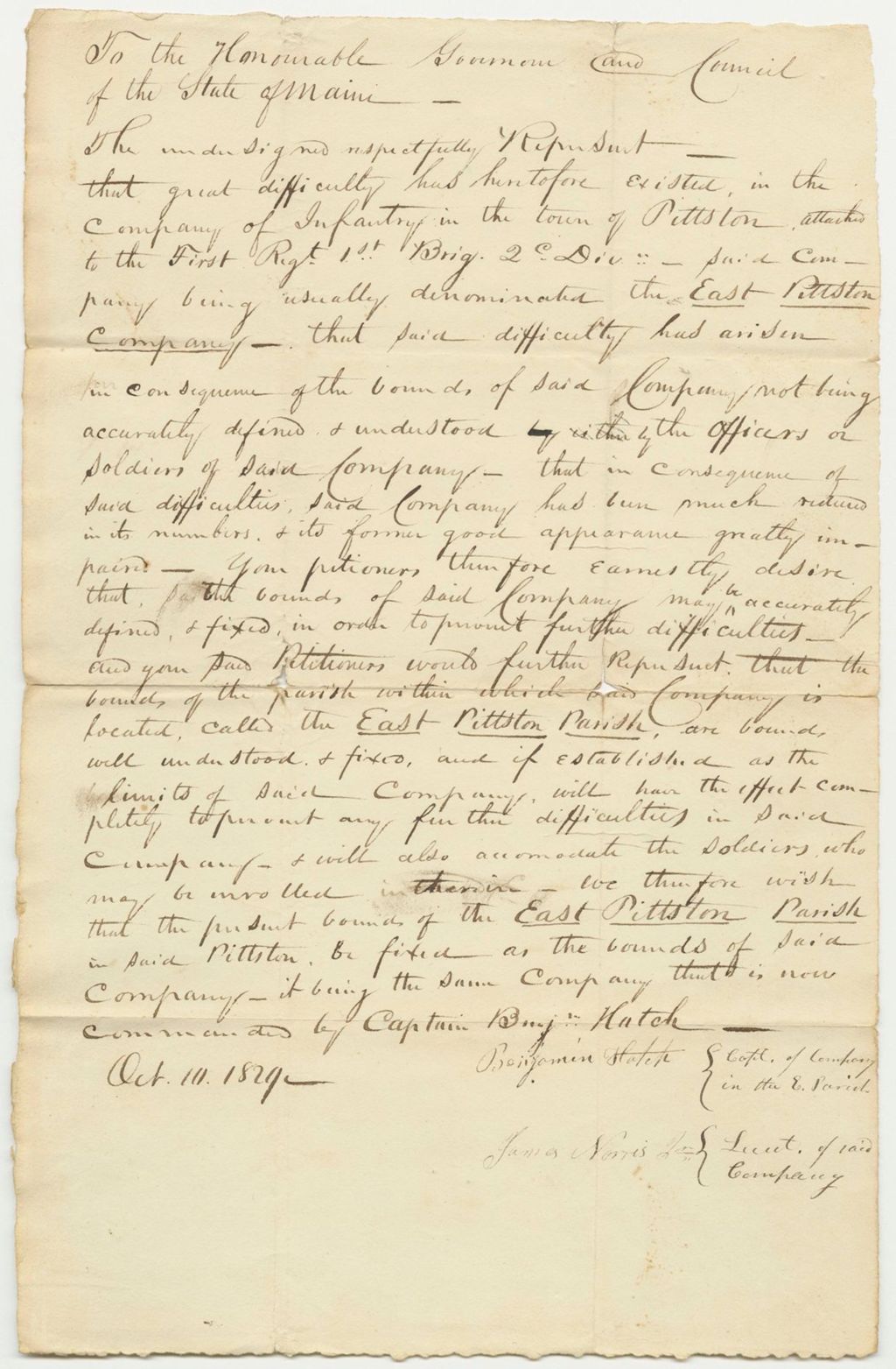 Miniature of Petition of Benjamin Hatch and James Norris, Jr., Regarding the Bounds of the East Pittston Militia Company
