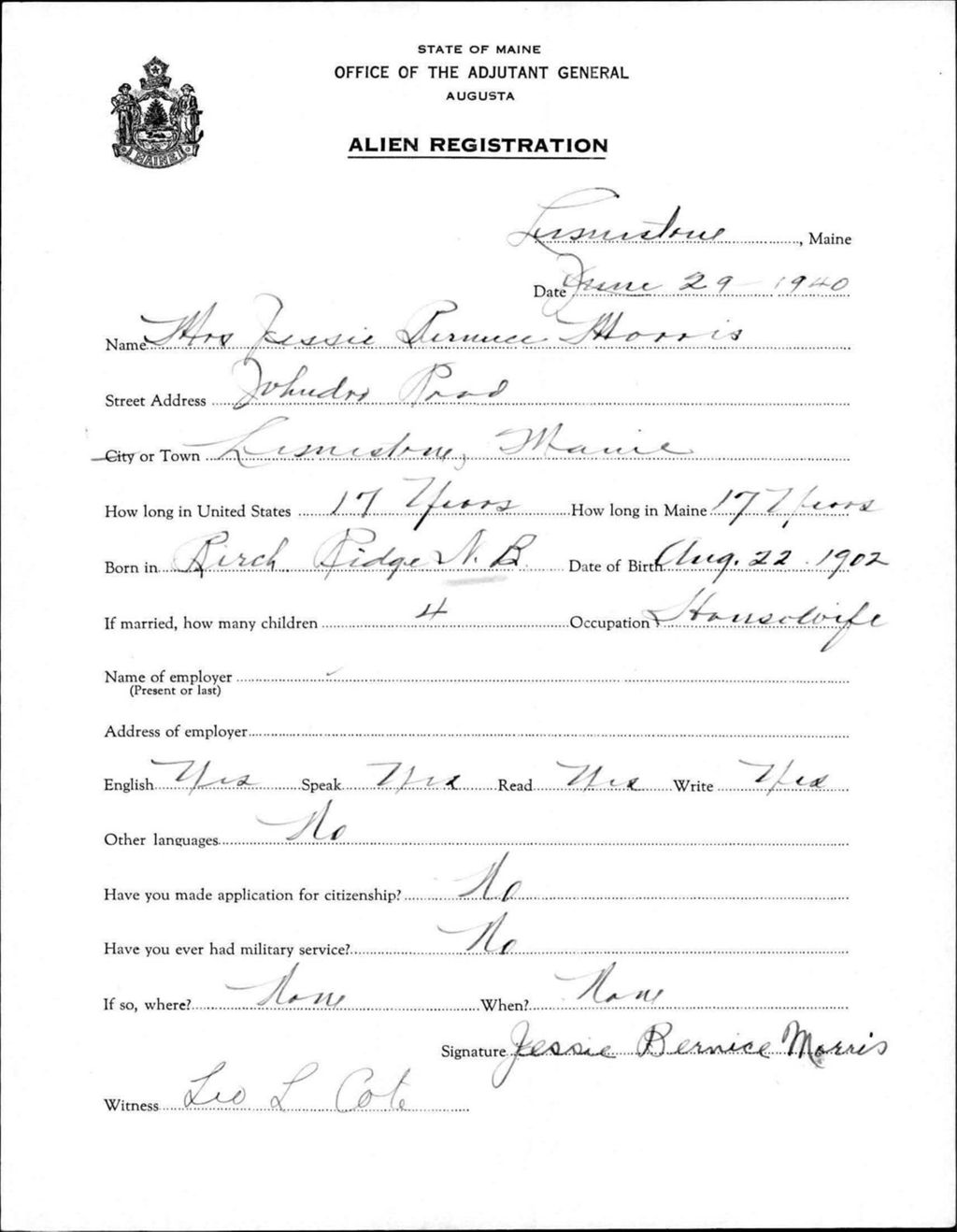 Miniature of Alien Registration- Morris, Jessie B. (Limestone, Aroostook County)