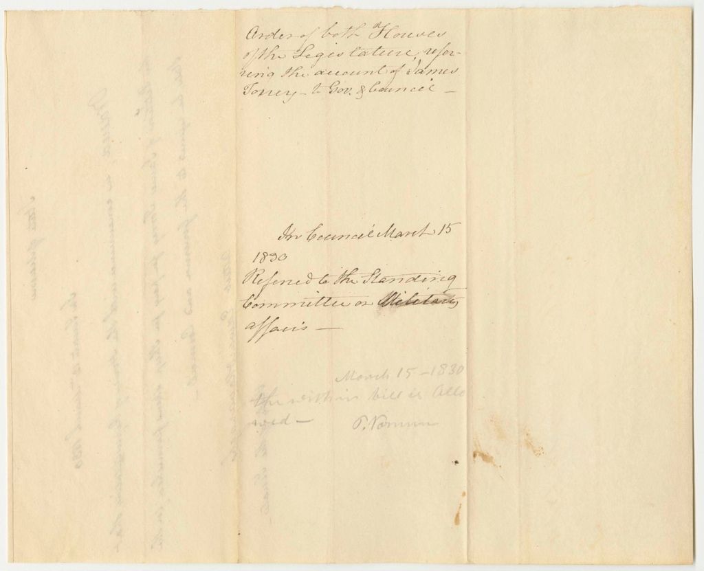 Miniature of Order of Both Houses of the Legislation Referring the Account of James Torrey to the Governor and Council