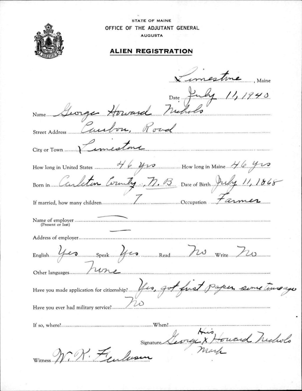 Miniature of Alien Registration- Nichols, George H. (Limestone, Aroostook County)