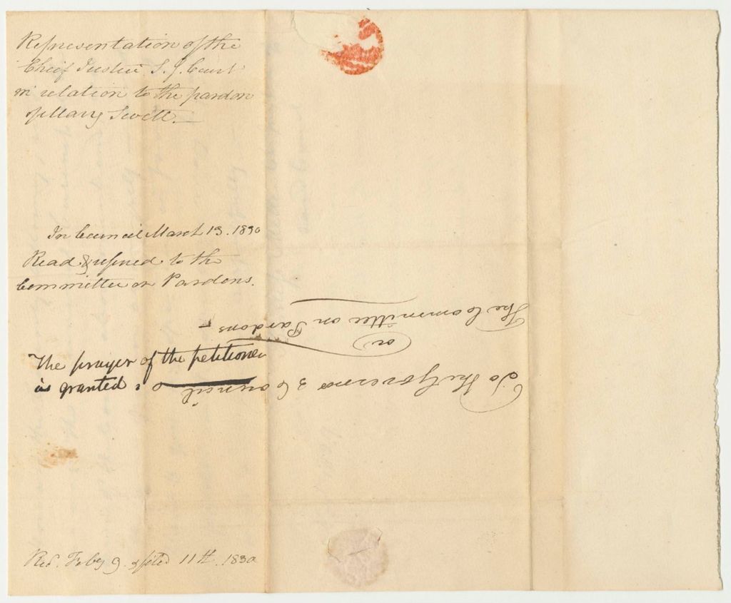 Miniature of Representation of the Prentiss Mellen, Chief Justice of the Supreme Judicial Court, in Relation to the Pardon of Mary Swett