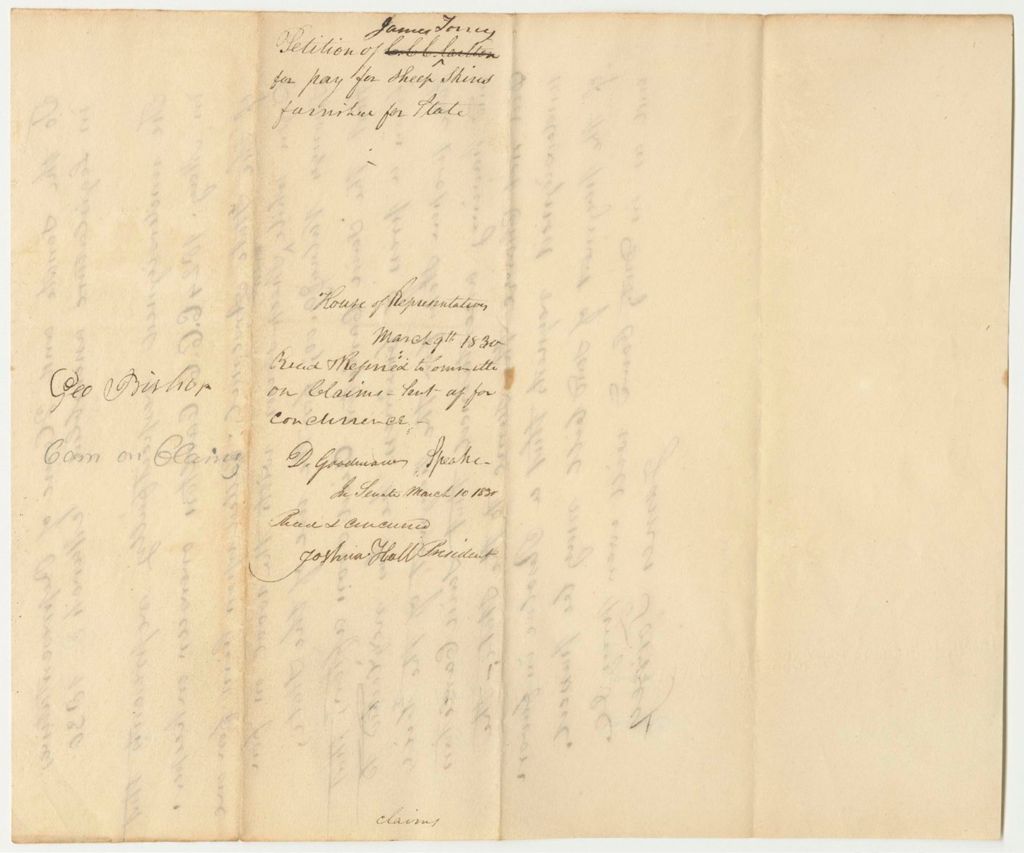 Miniature of Petition of James Torrey for Payment for Sheep Skins Furnished for the State