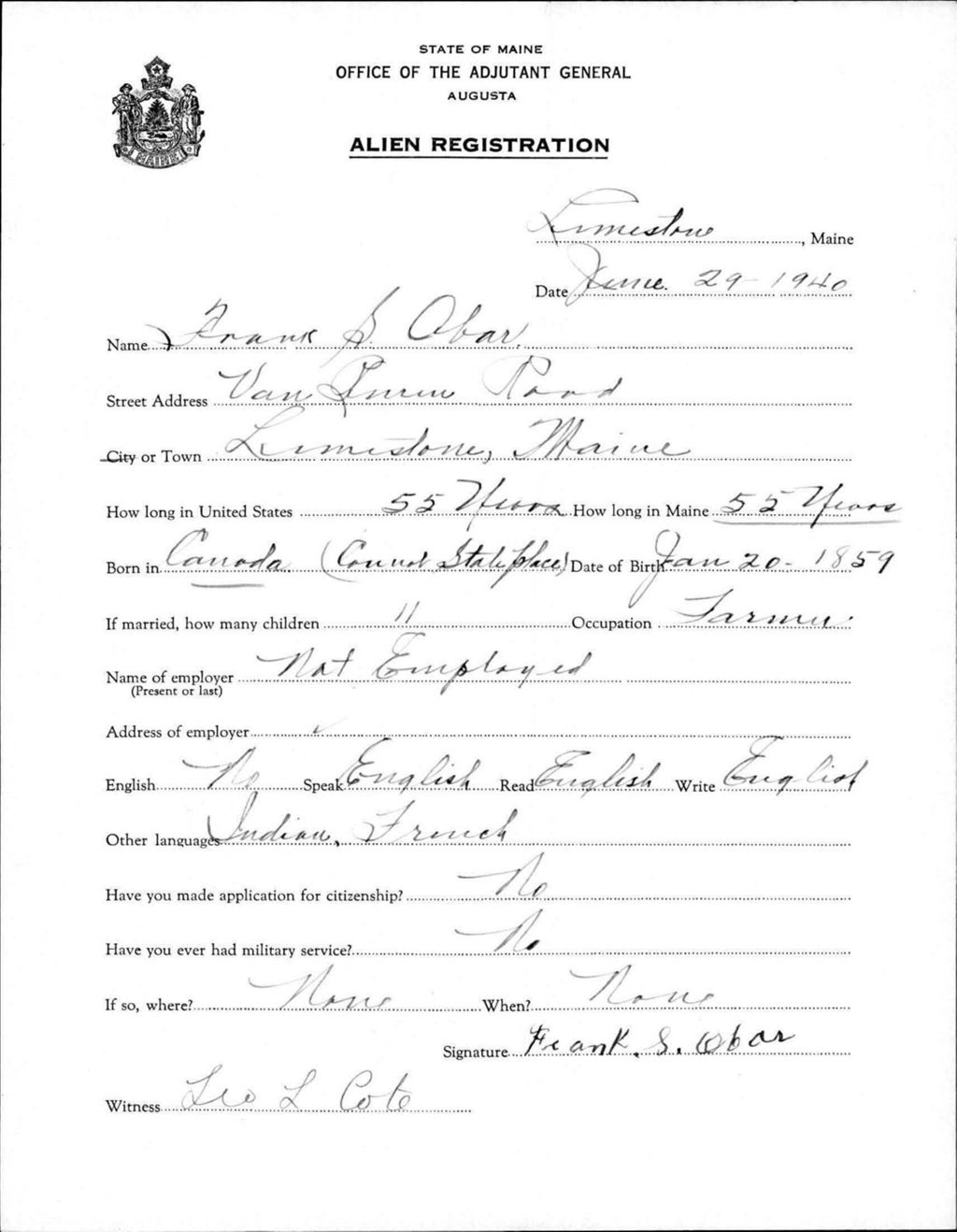 Miniature of Alien Registration- Obar, Frank S. (Limestone, Aroostook County)