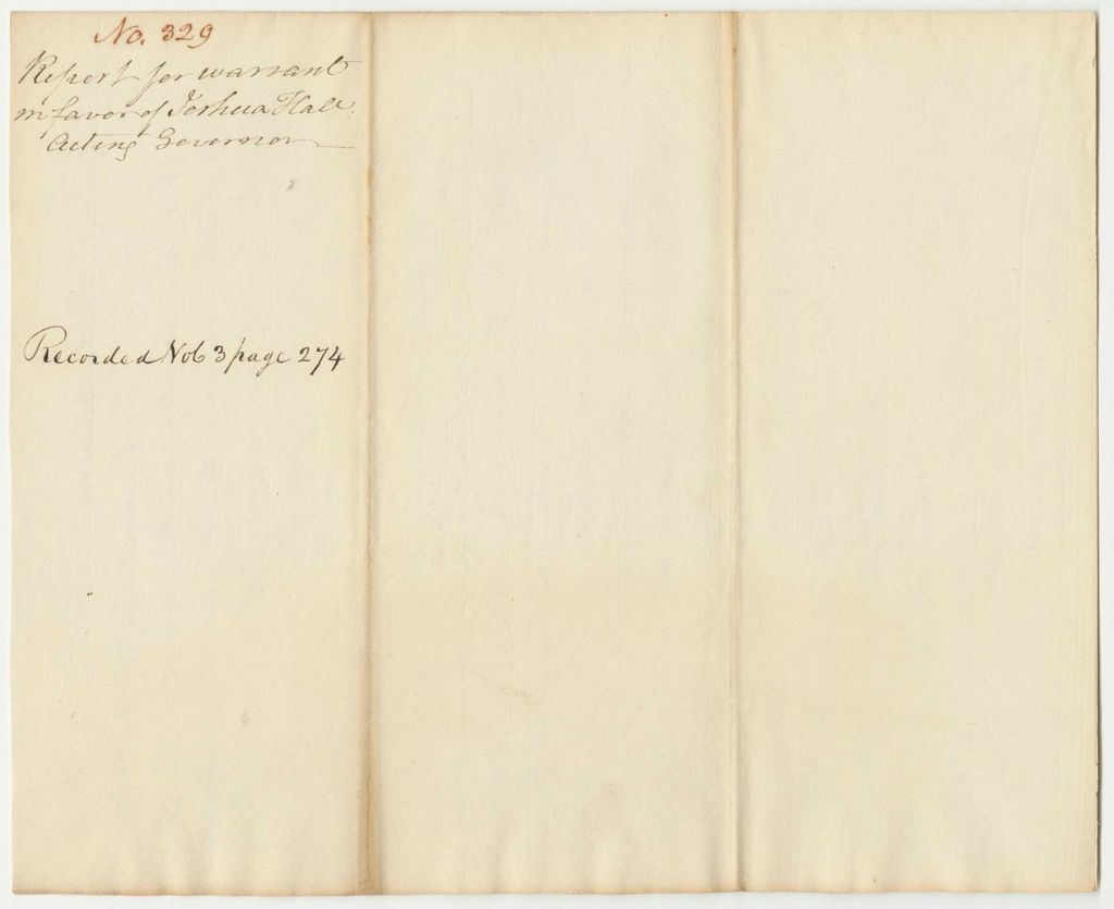 Miniature of Report 329: Report on the Warrant in Favor of Joshua Hall, Acting Governor