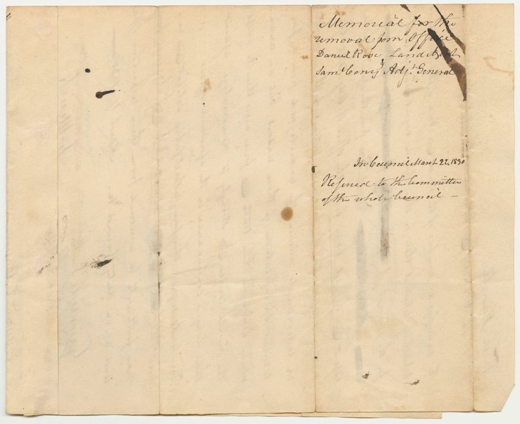 Miniature of Memorial for the Removal of Daniel Rose from the Office of Land Agent and Samuel Cony from the Office of Adjutant General