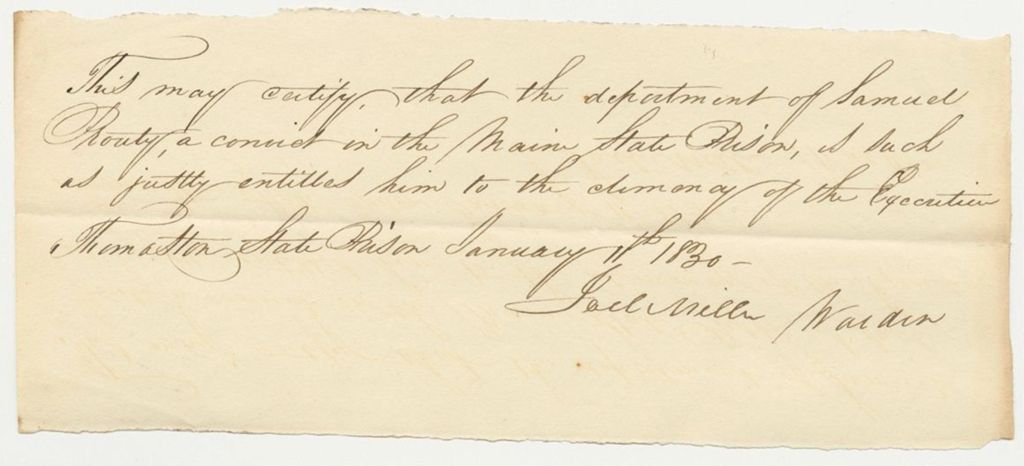 Miniature of Certificate of Joel Miller, Warden of the State Prison, on the Conduct of Samuel Prouty in Prison