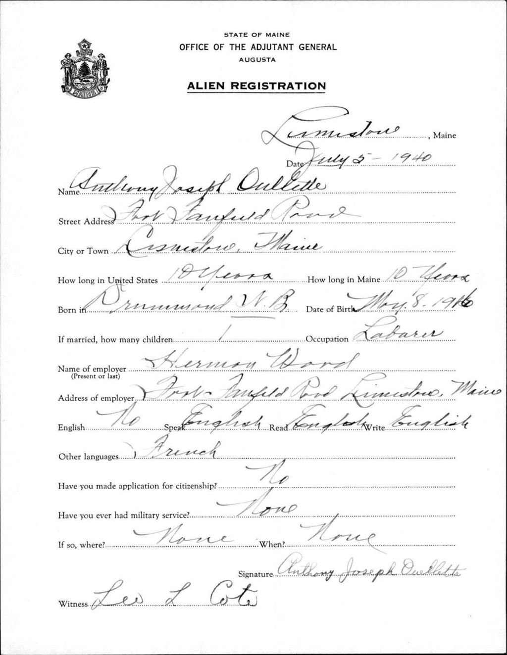 Miniature of Alien Registration- Ouellette, Anthony J. (Limestone, Aroostook County)