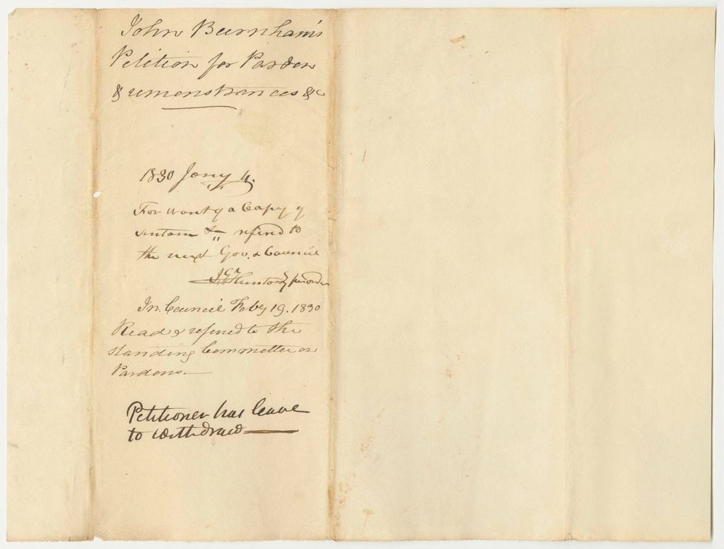Miniature of Petition of John Burnham for a Pardon and Remonstrances from Marshall Thaxter Against