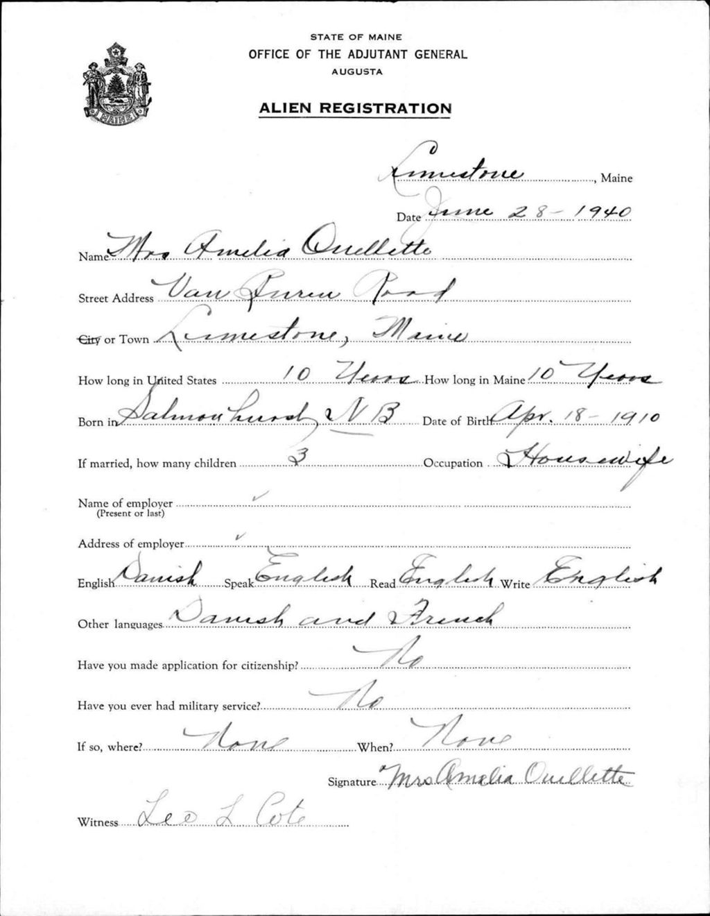 Miniature of Alien Registration- Ouellette, Amelia (Limestone, Aroostook County)
