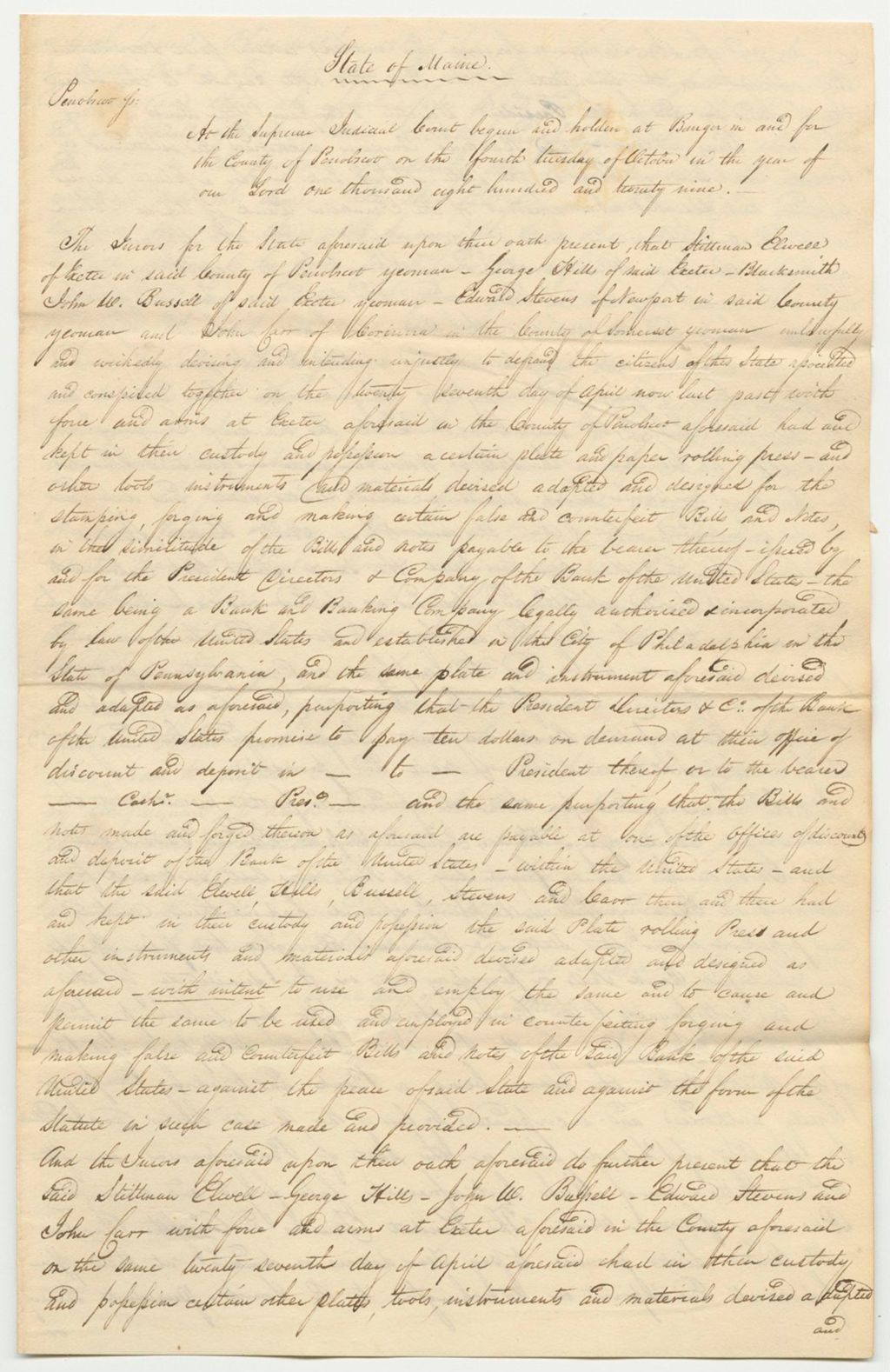 Miniature of State of Maine v. John Buzzell, Copy of Conviction and Sentence
