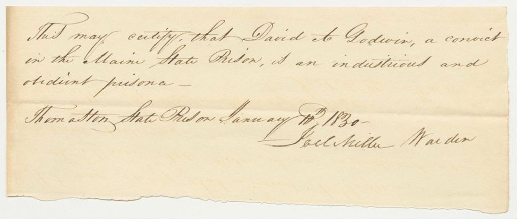 Miniature of Certificate of Joel Miller, Warden of the State Prison, on the Conduct of David A. Godwin in Prison