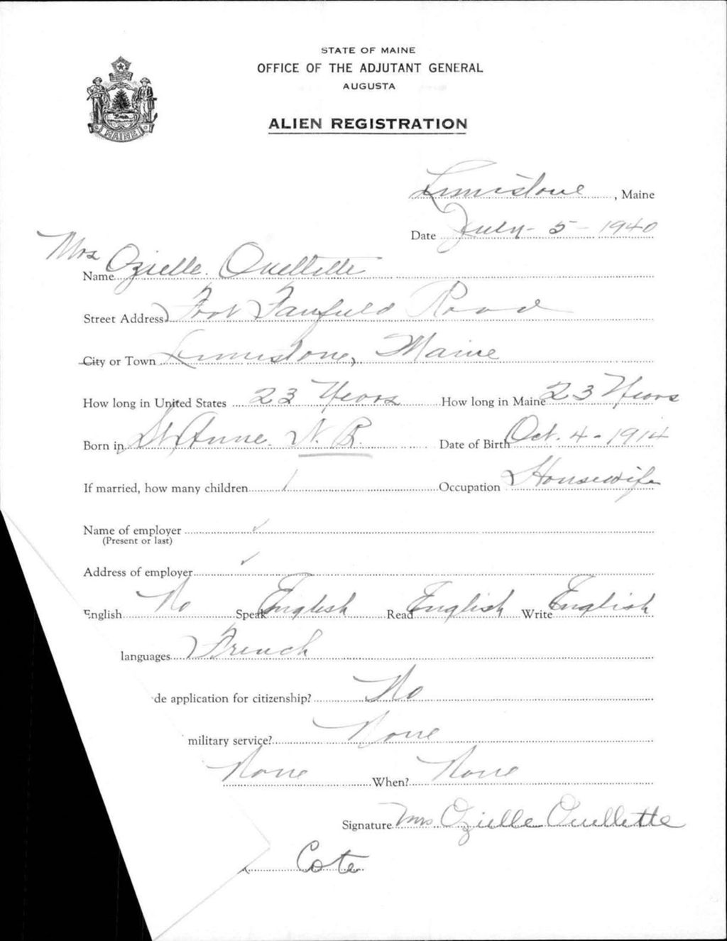 Miniature of Alien Registration- Ouellette, Ozielle (Limestone, Aroostook County)