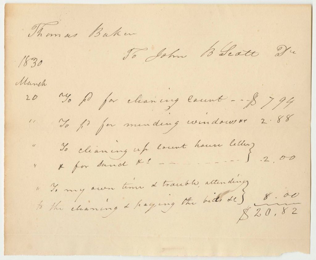 Miniature of Bill from John B. Seatt to Thomas Baker for Work on the Court House