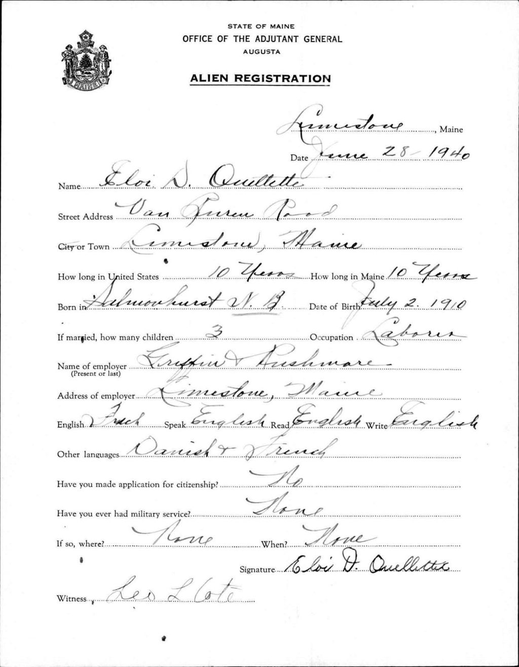 Miniature of Alien Registration- Ouellette, Elor D. (Limestone, Aroostook County)