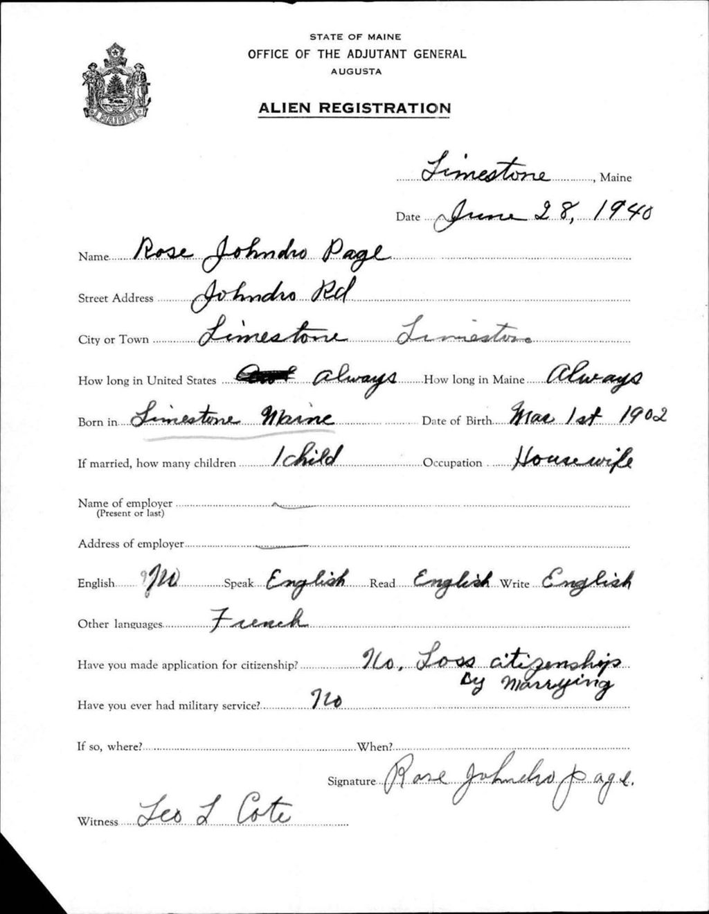 Miniature of Alien Registration- Johndro, Rose (Limestone, Aroostook County)